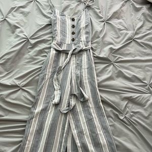 blue and white striped romper